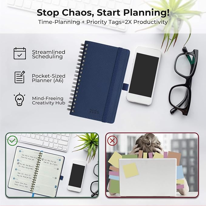 Planner 2026 Daily Weekly and Monthly,6.5"x3.75",12 Months Spiral Bound Calendar Agenda with Self-adhesive Pen Holder,2026 Appointment Book with Vegan Leather Soft Cover,Blue