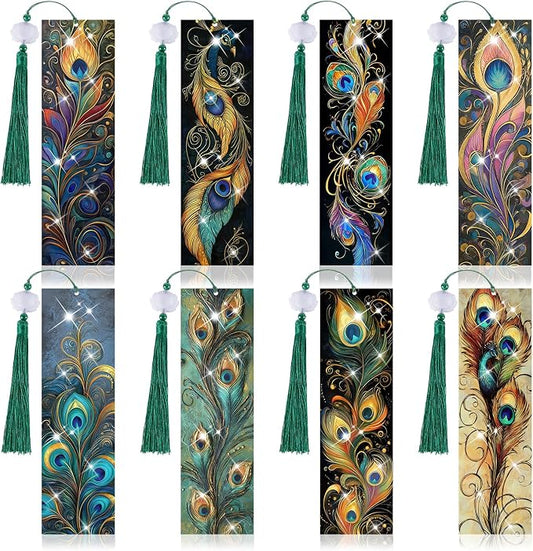 8 Pieces Christian Bible Verse Diamond Art Bookmarks 5d Christian Beaded Bookmark Acrylic Tassel Bookmark for DIY Making Beginners Adults Arts Craft Supplies (Feathers)