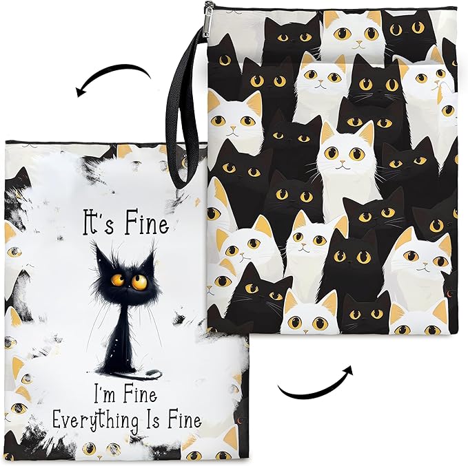 I'm Fine Everything is Fine Book Cover, Waterproof Book Sleeve with Zippered Front Pocket Cat Book Pouch for Book Lovers, Christmas, Birthday, Graduation Gifts (Black-cat, Large)