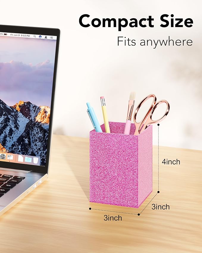 Rose Pink Glitter Acrylic Pen Holder, Acrylic Makeup Brush Storage Organizer, Pencil Pen Holder for Desk, Modern Desktop Accessories for Office School Home Supplies