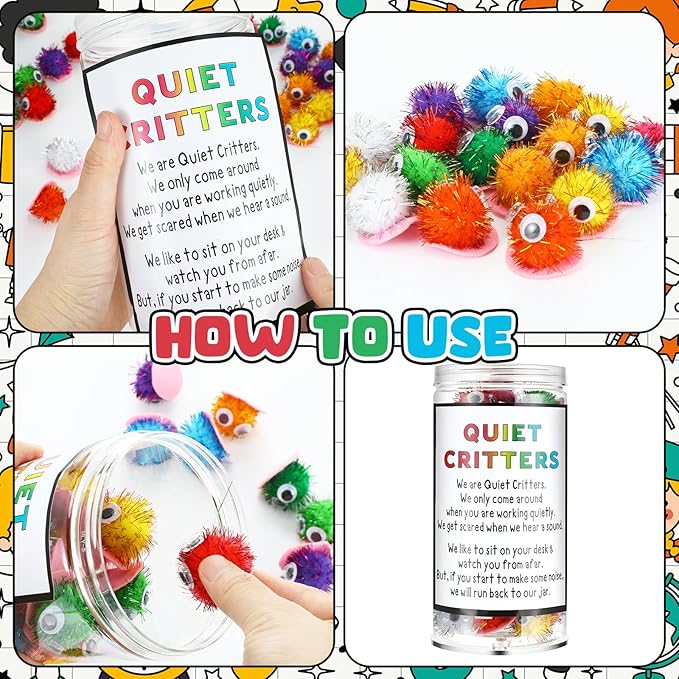 WinnerWhy 50 Pcs 1'' Multicolor Pom Poms Critters with Plastic Jar Quiet Critters Classroom Management, Behavior Classroom Management Tool, Homeschooling, Educational and Learning Activities for Kids