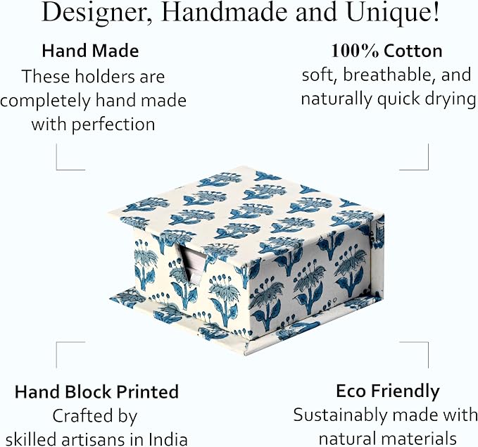 CPC Apatite Blue Block Print Cotton Desk Organizer Sticky Note Holder, 4'' X 4'' X 2'' Cute, Aesthetic, Decor Accessories, Workspace Organizers, Caddy Storage, Gift for Office, Professionals, Student
