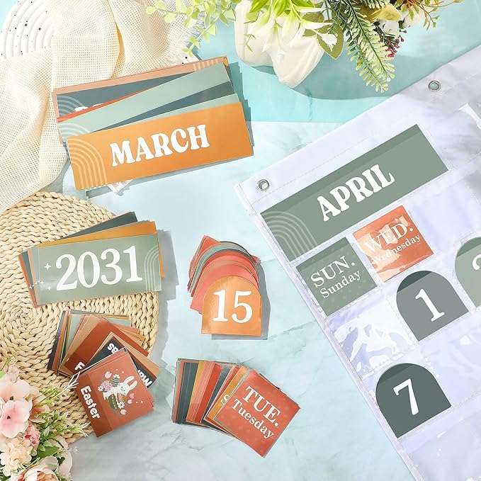 Sinload Classroom Calendar Pocket Chart Set Calendar Bulletin Board Set Seasons Festival Weather Pocket Chart for Classroom Decoration Back to School Supplies(Modern Boho 2,White)
