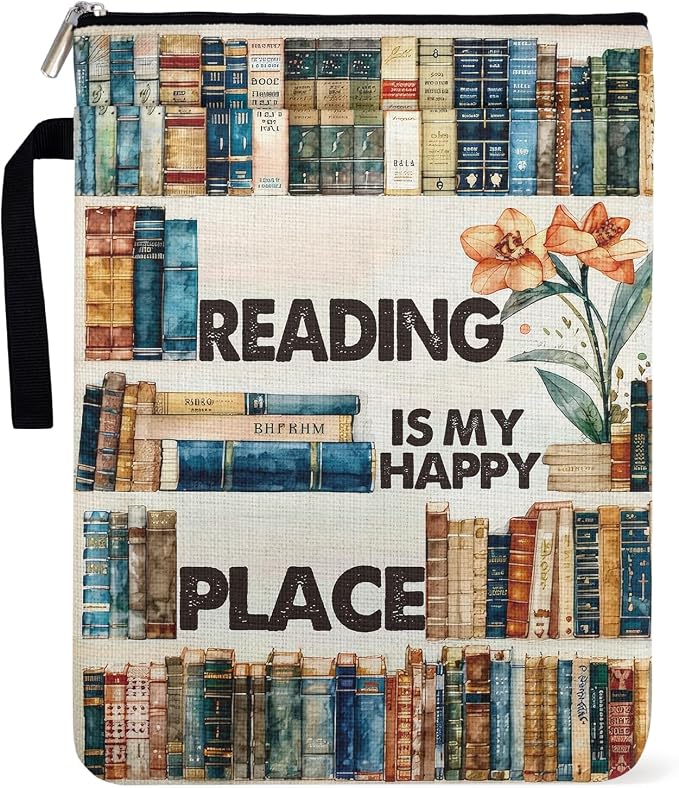 Reading is My Happy Place Book Sleeve for Book Lovers, Paperback Sleeve for Librarian Lovers Bookish Group Club Gifts for Women, Book Cover with Zipper and Front Pocket for paperbacks 9 x 12 Inch