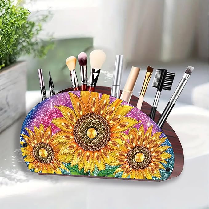 Remote Control Holder with 4 Compartments, DIY Diamond Art Painting Wooden Half Moon TV Control Holder for Remote Controllers, Office Supplies, Makeup Brush, Media Accessories-Sunflowers