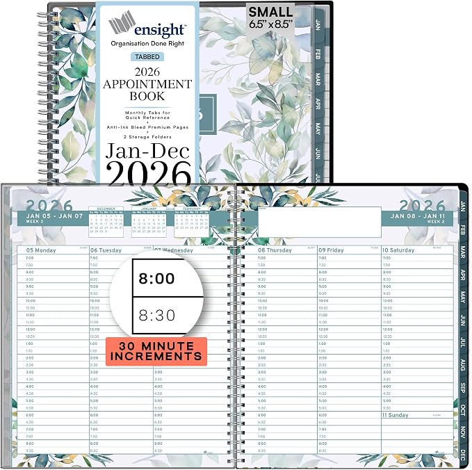 Ensight 2026 Appointment Book and Planner 6.5" x 8.5" Large Hourly Weekly Daily Schedule Book with Tabs, 30 Minute Time Slots, Floral Calendar Organizer Jan 2026–Dec 2026 Appointment Planner - Floral