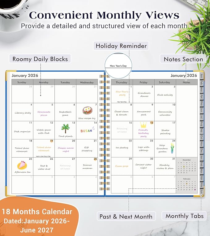 Planner 2026-2027, 18 Months Weekly and Monthly Hardcover Planner, January 2026 - June 2027, 5.75" x 8.38" A5 Daily Calendar Planner Book with Tabs, Spiral Yearly Agenda Organizer Notebook for School Work Home, Navy