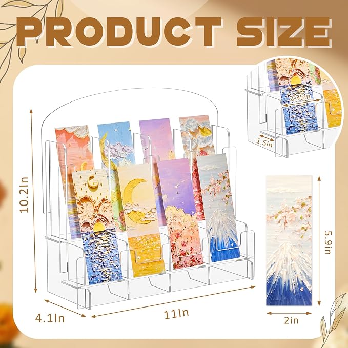 Yuntau Acrylic Bookmark Display, Adjustable 2. 2'' Bookmark Stand, Portable Sticker Holder, Curved Pockets Greeting Card Display for Business Vendor, Retail Store Shop(Detachable,8 Pockets)
