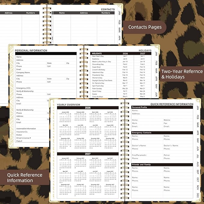 2026 Planner, Jan.2026 - Dec.2026 Planner Weekly and Monthly 6.25"x8.5" with with Page Tabs, Calendar Hardcover with Inner Pocket, Elastic Band, Twin-Wire Binding, Bookmark, Brown Leopard