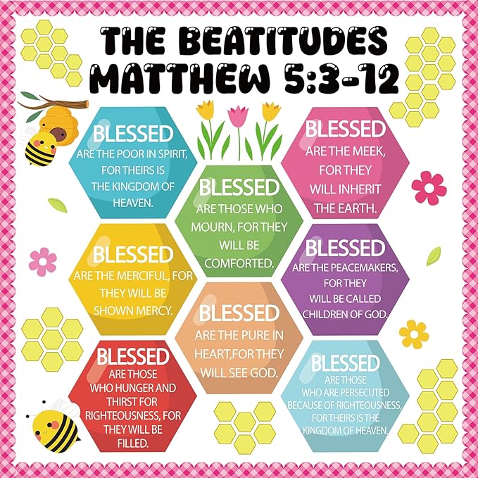 QOUBAI Christian Bulletin Board Decoration The Beatitudes Matthew 5:3-12 Classroom Decoration Motivational Bible Verse Paper Cutouts for Back to School Sunday School Church Parish Decor（Sunshine）