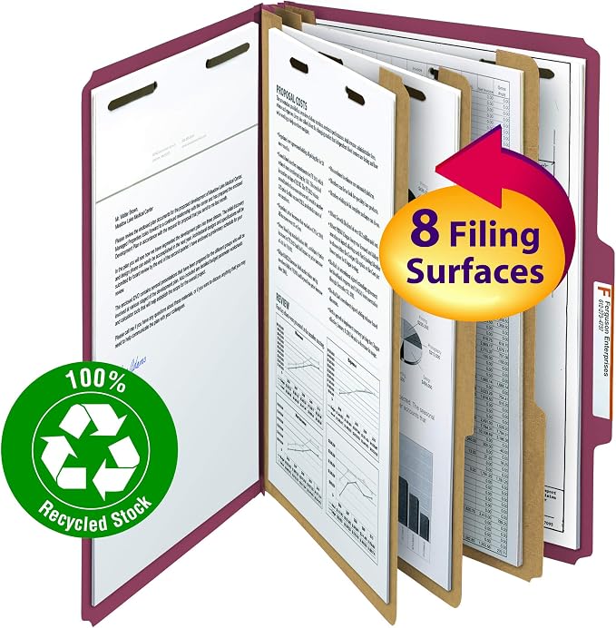 Smead 100% Recycled Pressboard Classification File Folder, 3 Dividers, 3" Expansion, Legal Size, Red, 10 per Box (19099)