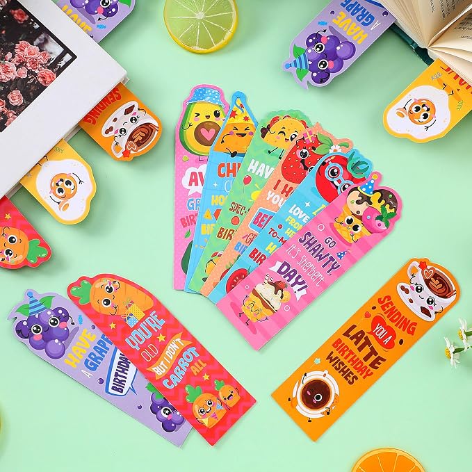 60 Pieces Happy Birthday Scented Bookmarks Fruit Food Themed Scented Birthday Bookmark Scratch and Sniff Bookmark with Funny Pun Sayings, Classroom Gifts for Kids Students Teacher Reward, 10 Styles