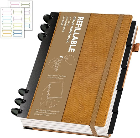 Yoment Refillable Notebooks for Work Discbound: Hardcover Notebook with 5 Subject Removable Dividers Tabs Colleged Ruled Small Journal for Writing Women Men 224 Pages,Brown