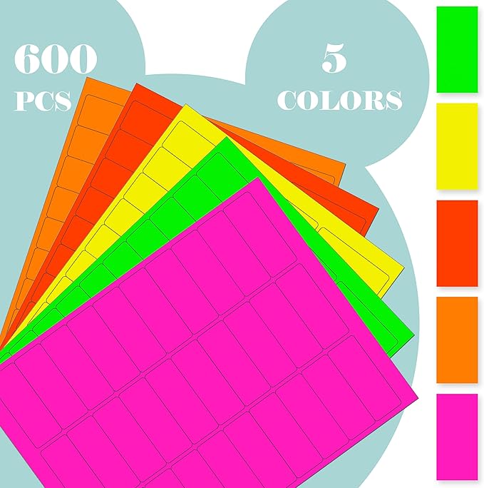 YSHIHE 1" x 2-5/8" Fluorescent Address Labels 5 Colors Neon Stickers for Inkjet or Laser Printer Moving Lables for Shipping Envelopes Envelopes and Organization - 20 Sheets 600 PCS