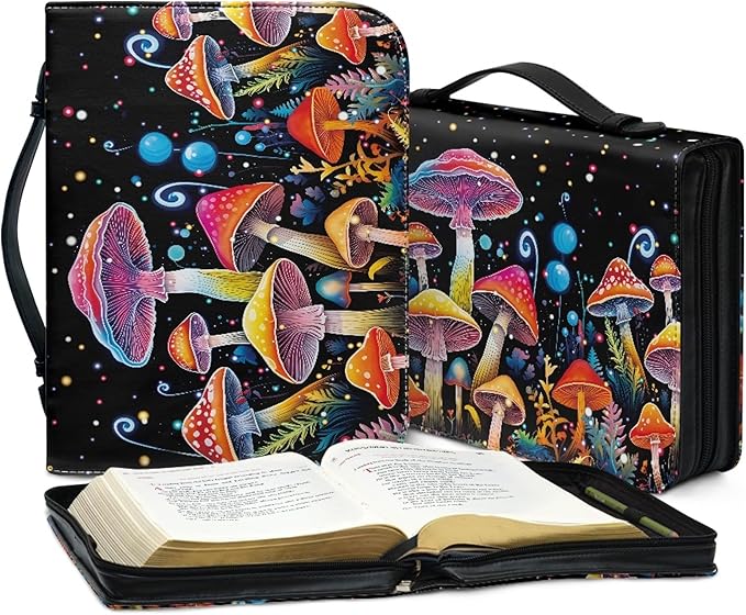 Colorful Mushrooms Bible Cover with Durable Handle，Bible Case for Women Girls，Bibl e Carrying Case Bible Journaling Supplies for Bible Cover-Size L