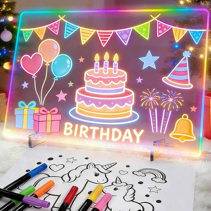LED Drawing Board, 14x10 Inch Acrylic LED Note Board, Light Up Glow Memo Message Lumiboards, LED Neon Art Magic Pad w/ 7 Markers, Christmas Birthday Gift for Kids Girls Teens