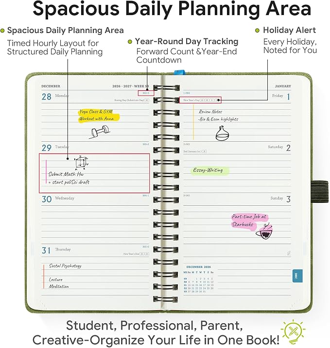 2026-2027 Planner, Daily Weekly Monthly Academic Planner, 18 Months Spiral Bound Agenda, 6.5" x 3.75", Vertical Layout, Calendar Planner, Vegan Leather Soft Cover,Beige