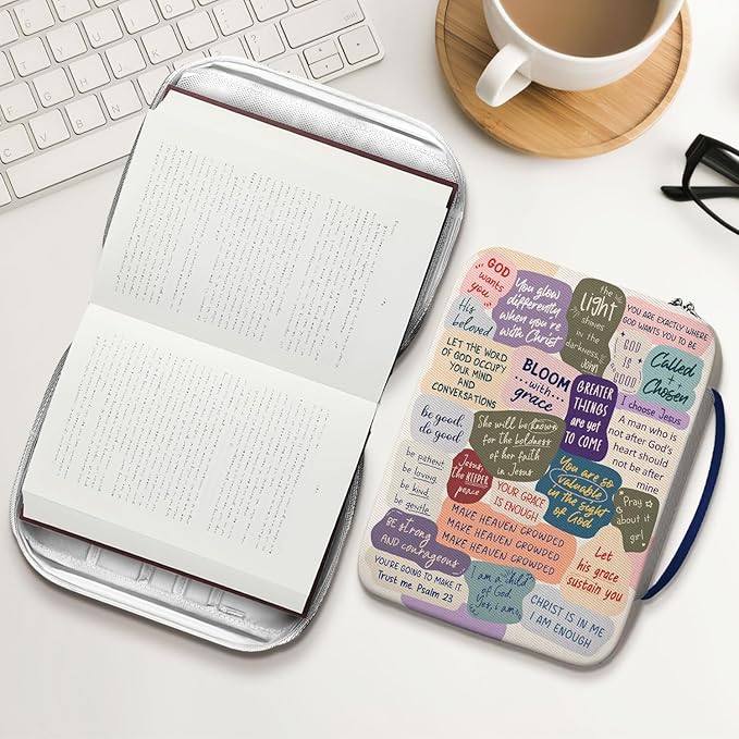 Inspirational Bible Cover for Women Girls Teens, Canvas Scripture Case with Handle and Zipper, Faith Quotes Bible Holder for Church and Bible Study, Christian Gift for Daughter Mom Friends