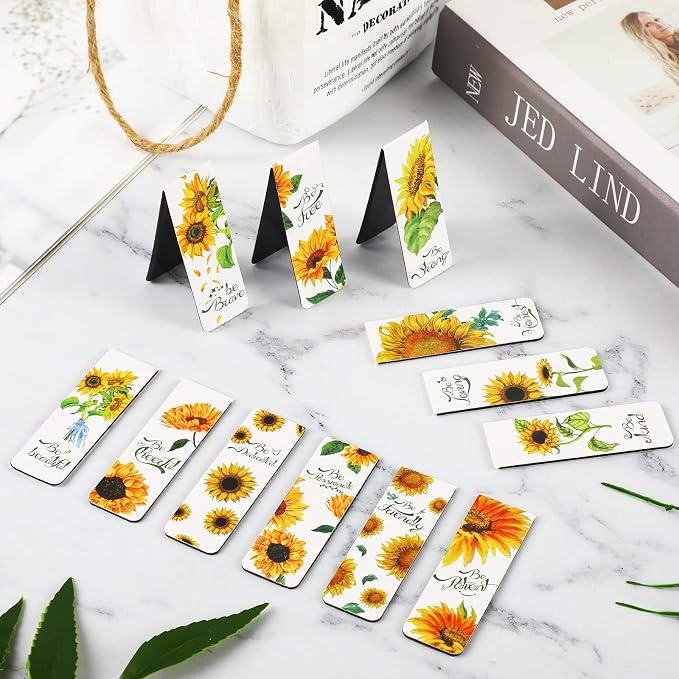 12 Pieces Sunflower Magnetic Bookmarks Inspirational Magnetic Bookmarks Magnet Page Markers Positive Book Marker for Students Teachers School Home Office Supplies, 12 Styles