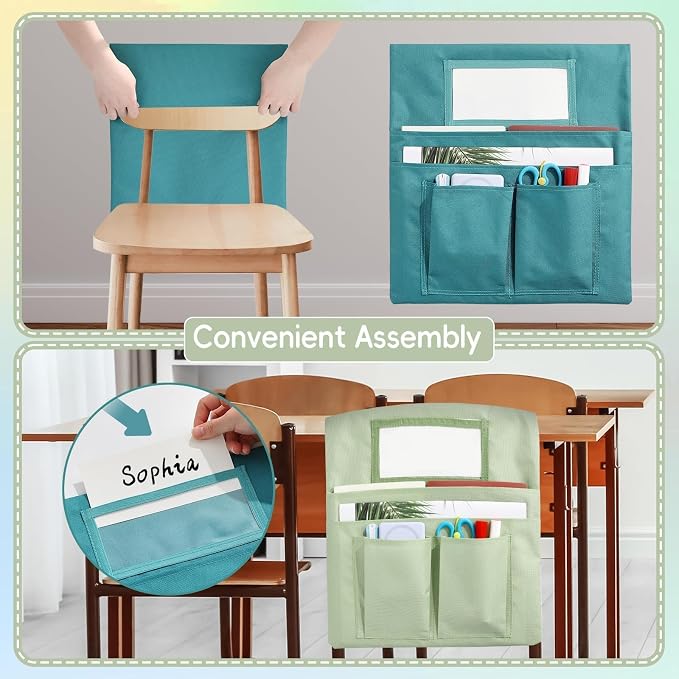 gisgfim 12 Pcs Small Chair Pockets for Classroom 13 x 14 Inch Bag with Name Tag Multi Pockets Chairsback Pouch Organizer for Student Kindergarten Elementary Daycare (Boho)