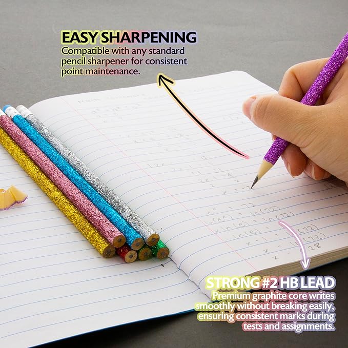 BAZIC Products Metallic Glitter Pencil w/Eraser, Latex Free Eraser, Unsharpened Rewards Glitter Pencil (8/Pack), 1-Pack