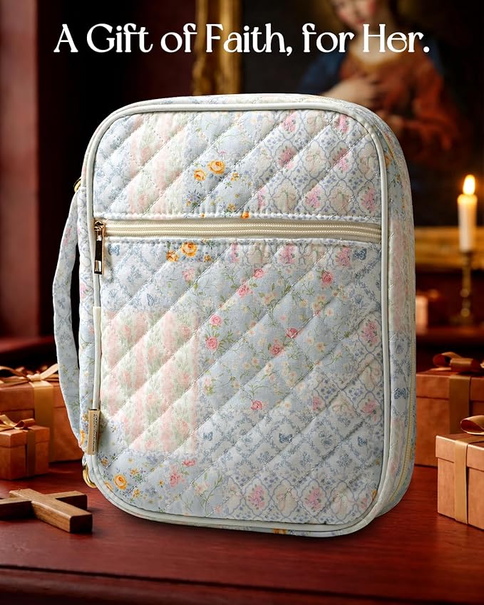 Miss Adola Bible Cover Case for Women - Quilted Bible Carrying Case Organizer Study Bag with Zipper Handle and Shoulder Strap Patchwork Vintage Flower Book Cover for Teen Girls