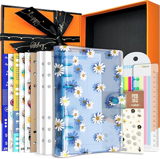 A6 A5 6-Holes Colorful PVC Cover Personal Organizer with Snap Button Closure File Folder for Loose Leaf Sheet Notebook (Blue Daisy, A6 Gift Box)