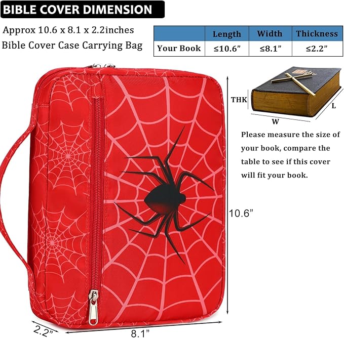 JIANYA Bible Cover for Boys Kids Bible Case Church Bag Childrens Bible Bag with Handle and Zippered Pocket, Spider Red