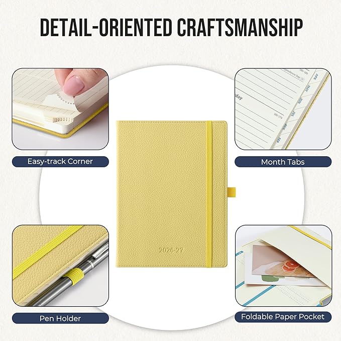 Weekly Planner 2026-2027 A5 (6.5" x 8.5") 12 Months (Jul'26 - Jun'27) Weekly & Monthly Planner with Month Tabs & Inner Pocket, Expenses/Note Pages, PU Leather Yellow