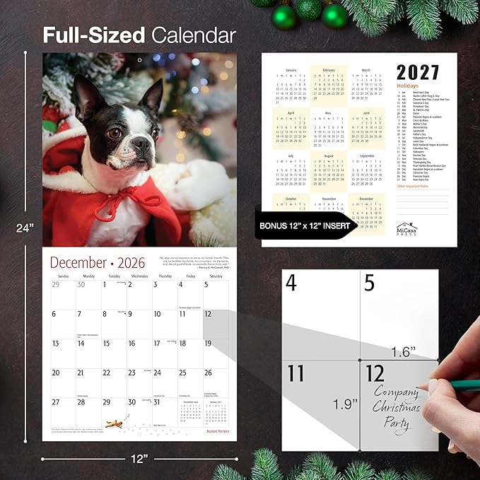 MICASA PRESS Boston Terriers 2026 Wall Calendar 12 Month | 12" x 24" Open | Thick & Sturdy Paper | Giftable | Cute Puppy Dog Calendar 2026