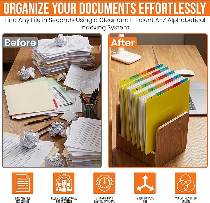 Iconikal A-Z Alphabetical Hanging File Folder Guide Dividers, Heavyweight 5 Color Coded Tabs, Letter Size 1/5 Cut Positions, Heavy Duty Office Organizers 5 Tabs Across