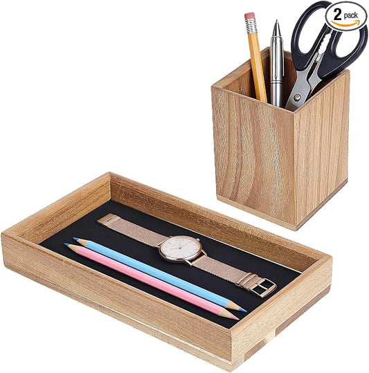 Acacia Wooden Desk Organizer Tray with Pen Holder, Non-Slip Desk Tray and Pencil Holder Set with Felt Lined, Office Desktop Accessories for Keys, Pen, Watch Home Workspace Organization