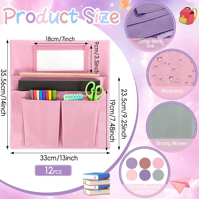 gisgfim 12 Pcs Small Chair Pockets for Classroom 13 x 14 Inch Bag with Name Tag Multi Pockets Chairsback Pouch Organizer for Student Kindergarten Elementary Daycare (Pastel Pink)