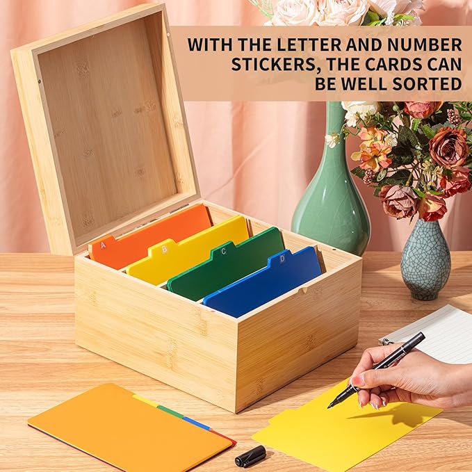 Henoyso 5 x 8 Inch Index Card Holder Set, Bamboo Organizer Box with 50 Dividers & 2 Sheets Alphabet Number Stickers File Note Holders, Holds 1200 Cards for Office Business Home Kitchen, Wooden Color