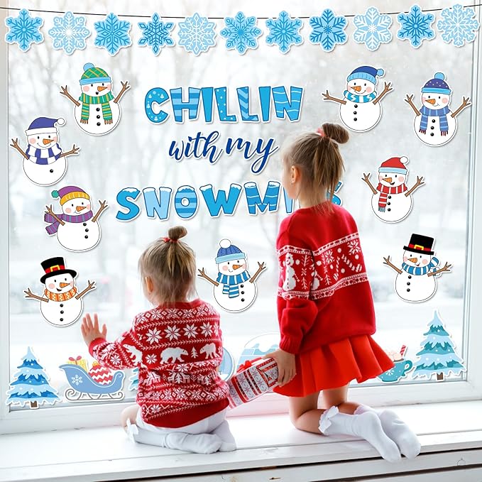 Winter Bulletin Board Decoration Set Christmas Snowman Classroom Decorations Chillin with My Snowmies Bulletin Board Winter Tree Snowflake Cutouts for Holiday Party School Home Chalkboard Wall Decor