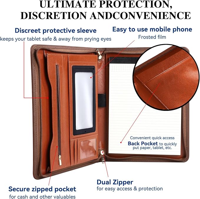 Pro PU Leather Padfolio - 10.1" Business Portfolio Organizer with Tablet & Phone Pocket, Zippered Document Holder, Card Slots & Writing Pad | Executive Gift for Professionals (Brown)