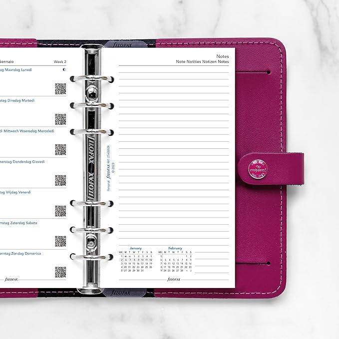 Filofax Calendar Diary Refill, Personal/Compact Size, Week on One Page with Notes, White Paper, Multilingual: Five Languages, 2025 (C68409-25)