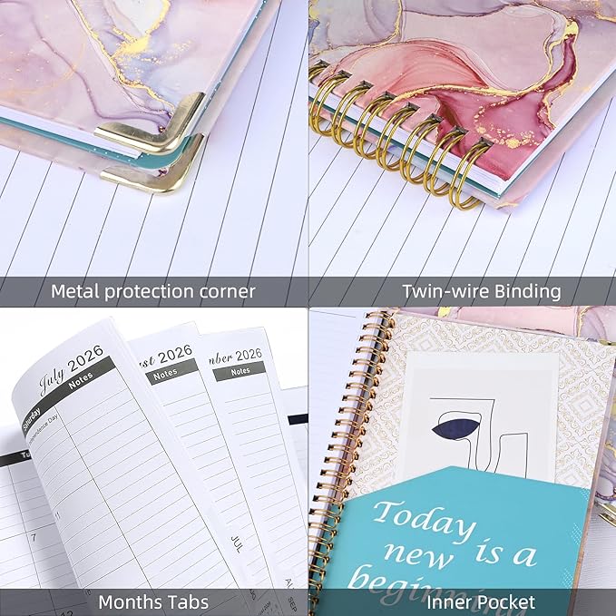2026 Planner, Jan.2026 - Dec.2026 Weekly Monthly Planner 6.25"x8.5" with Page Tabs, Calendar Hardcover with Inner Pocket, Elastic Band, Twin-Wire Binding, Bookmark, Pink Marble