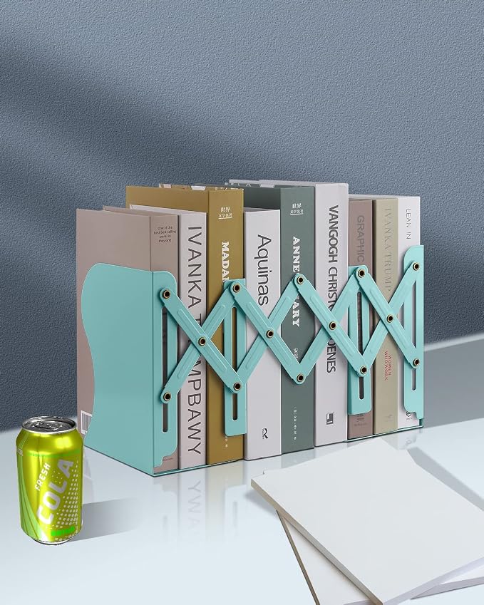 MSDADA Adjustable Bookends, Book Ends for Heavy Books, Expandable Book Organizer for Desk, Shelf, Office, School, for 6 7 8 9 10 11-15 Boys and Girls, Extends up to 19 inches (Light Green)