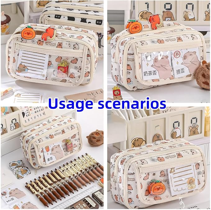 Cute Kawaii Pencil Case Pouch Cartoon Pen Box Holder Organizer for Office Workspace Supplies Desk Accessories Travel Essentials Aesthetic Trendy Cool Stuff Gift Large Capacity (Pink Kapibala)