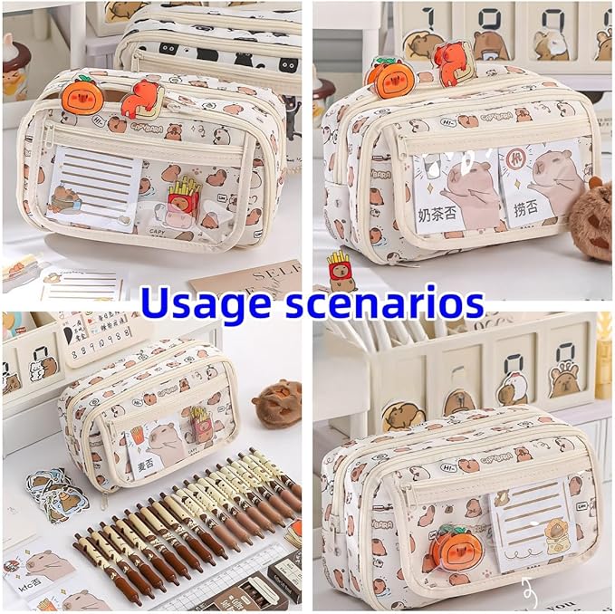 Cute Kawaii Pencil Case Pouch Cartoon Pen Box Holder Organizer for Office Workspace Supplies Desk Accessories Travel Essentials Aesthetic Trendy Cool Stuff Gift Large Capacity (White Kapibala)