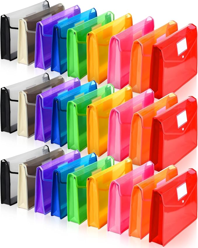 Epakh 27 Pack B4 Plastic Expanding File Folders Waterproof Transparent Expandable File Folder Wallet Document Organizer with Snap Button Closure for School Office Business (Bright Color)