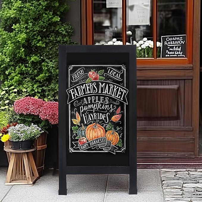 SELEAD Solid Wood A-Frame Chalkboard - 40" x 20" Magnetic Sandwich Board Signs Outdoor Standing Chalk Board Easel Sidewalk Pizarra for Menu, Business, Cafe, Event - Black