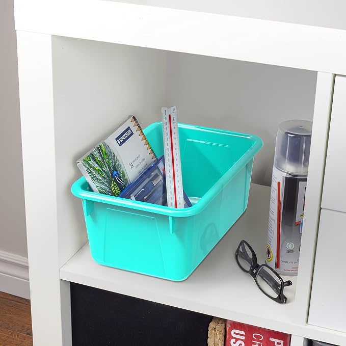 Storex Small Cubby Bins – Plastic Storage Containers for Classroom with Non-Snap Lid, 12.2 x 7.8 x 5.1 inches, Teal, 5-Pack (62412A05C)