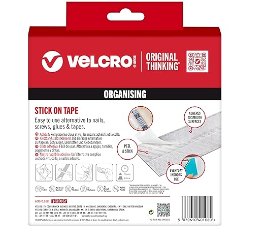 Velcro Brand | Stick On Tape | Cut-to-Length Strong Hook & Loop Self Adhesive Sticky Tape Perfect for Room Décor & Home, Office, Garage Use | White | 20mm x 7.5m