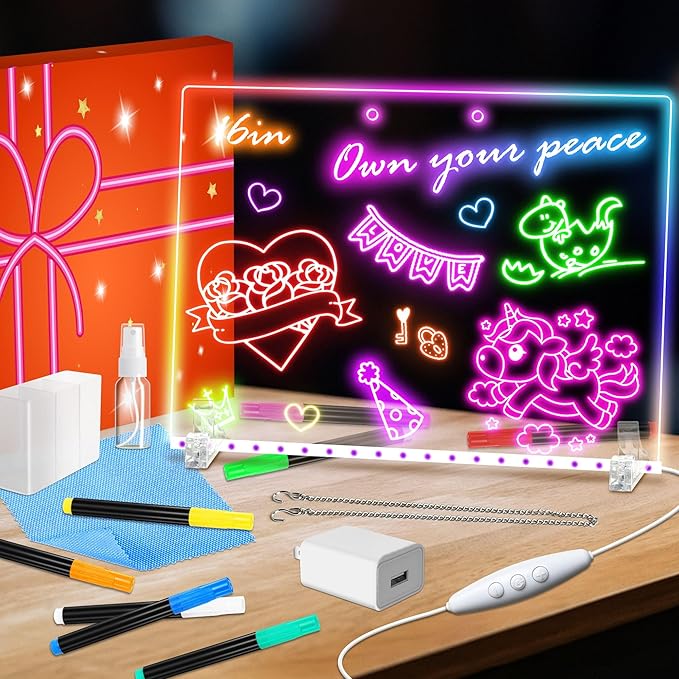 16" Led Drawing Board for Kids – 4 Modes Led Note Board with Colors 7, Light up Drawing Board for Kids Adults, Acrylic Dry Erase Magic Boards for Writing Glow Art, Easter Gifts for Grandkids, 20PCS