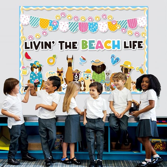Justforjoyful Summer Dog Bulletin Board Decorations Hawaiian Dog Theme Classroom Back to School Bulletin Board Border Set Cute Puppy Pet Dog Paw Paper Cutouts for School Chalkboard Supplies Wall Decor
