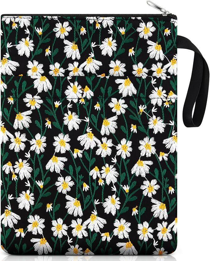 12''x9'' Daisy Embroidered Book Sleeve with Cotton Lining with Handle and Zipper Book Protector for Paperback and Hardcover, Christmas Ideal Gift Book Sleeve Pouch for Book Lovers(Black)