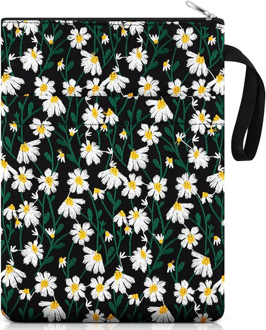 12''x9'' Daisy Embroidered Book Sleeve with Cotton Lining with Handle and Zipper Book Protector for Paperback and Hardcover, Christmas Ideal Gift Book Sleeve Pouch for Book Lovers(Black)