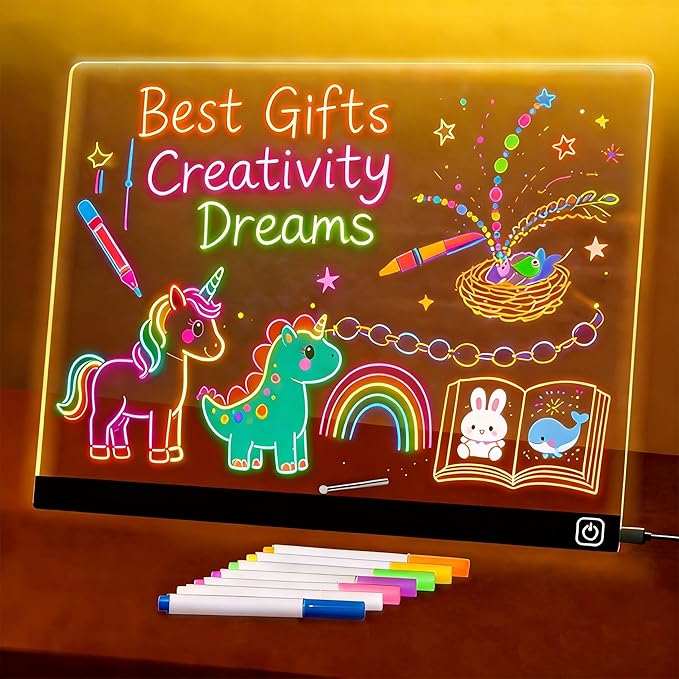 LED Note Board with Colors, 13.7"X10" Light Up Acrylic Dry Erase Board Led Drawing Board 7 Colors Message Board Night Light with 7 Markers for Birthday Party Christmas Gift